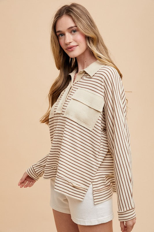 Sadie Striped Dolman Sleeve Polo Top: Taupe