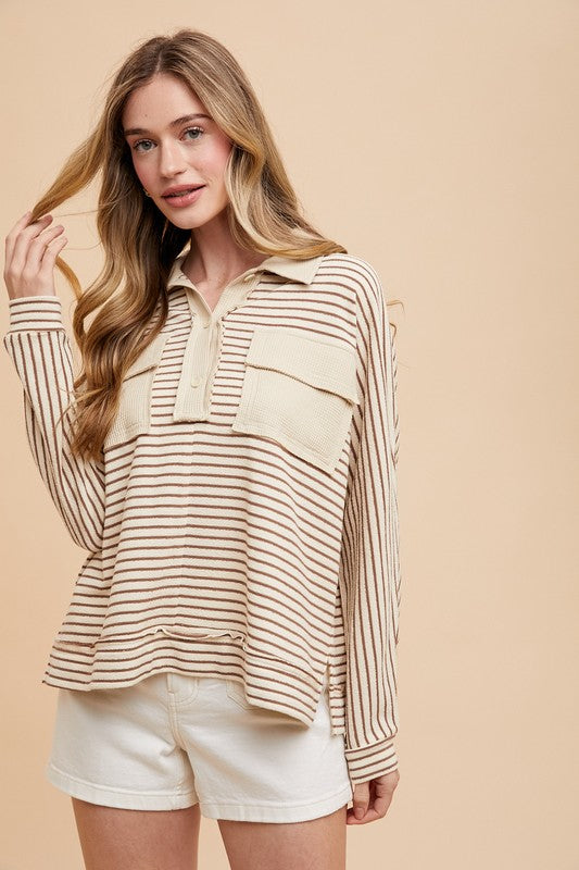 Sadie Striped Dolman Sleeve Polo Top: Taupe