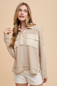 Sadie Striped Dolman Sleeve Polo Top: Taupe