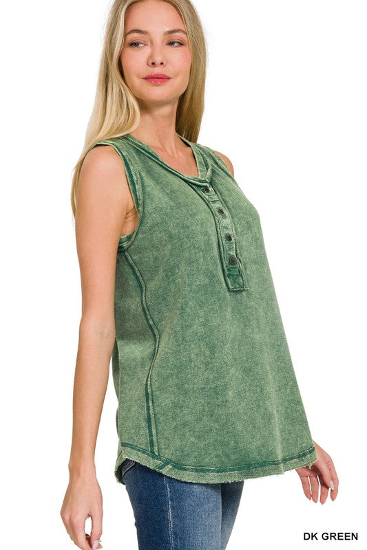 Josie Washed Henley Sleeveless Top | Raw Edge Button-Up