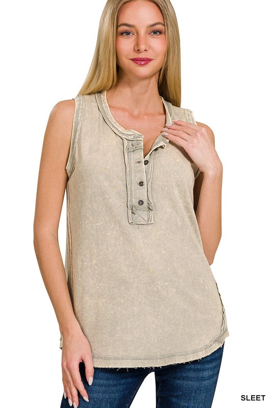 Josie Washed Henley Sleeveless Top | Raw Edge Button-Up