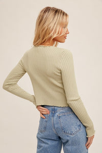 Zoe Cabbage Hem Double Tie Ribbed Cropped Cardigan: Sage