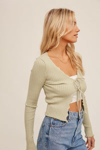 Zoe Cabbage Hem Double Tie Ribbed Cropped Cardigan: Sage