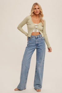 Zoe Cabbage Hem Double Tie Ribbed Cropped Cardigan: Sage