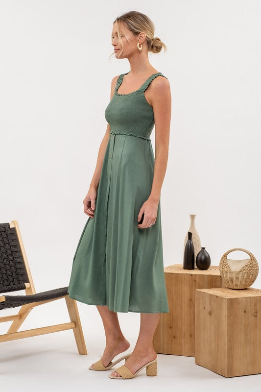 Blair Smocked Sleeveless Button-Down Midi Dress: Hunter Green
