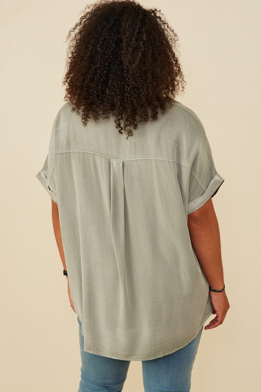 Jo Plus Dolman Sleeve Washed Tencel Safari Shirt: Sage