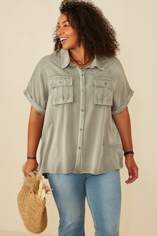 Jo Plus Dolman Sleeve Washed Tencel Safari Shirt: Sage