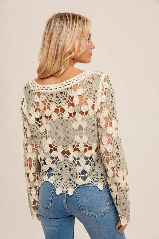 Madelyn Crochet Bell Sleeve Top: Sage/ Cream