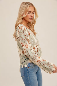 Madelyn Crochet Bell Sleeve Top: Sage/ Cream