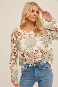 Madelyn Crochet Bell Sleeve Top: Sage/ Cream