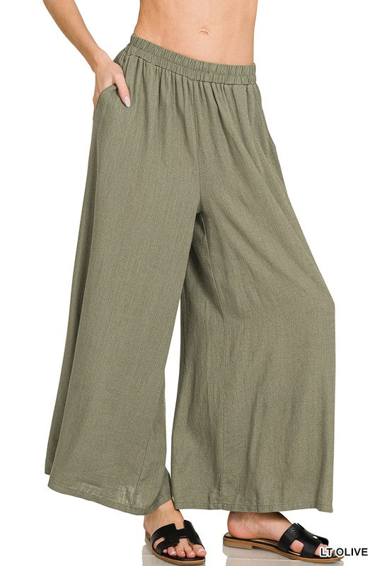 Luna Linen Wide Leg Pants – Lightweight Elastic Waist Summer Trousers