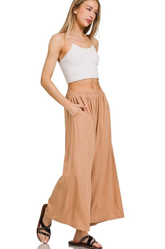Luna Linen Wide Leg Pants – Lightweight Elastic Waist Summer Trousers
