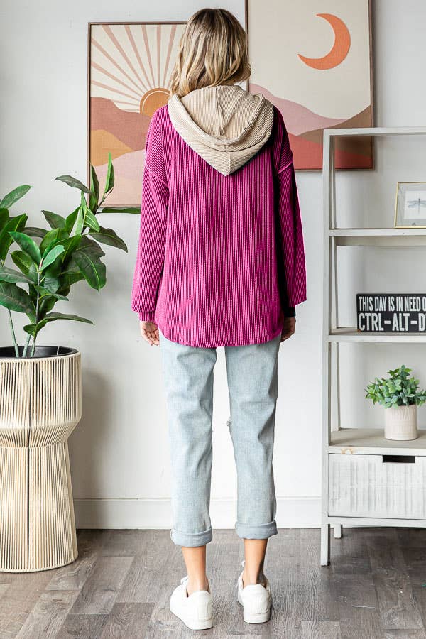Elena Ribbed Button Front Hoodie – Colorblock Knit Pullover with Bishop Sleeves