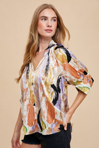 Faith Watercolor Abstract Print Blouse: Taupe/Lilac/ Multi