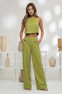 Ella 2pc Cropped Tank and Linen Pant Set: Kiwi