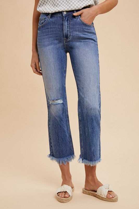 Lilly Comfort Stretch Straight Leg Frayed Hem Jeans: Medium Wash