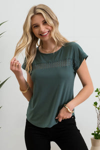 Polly Lace and Button Detail Short Sleeve Blouse- Hunter Green