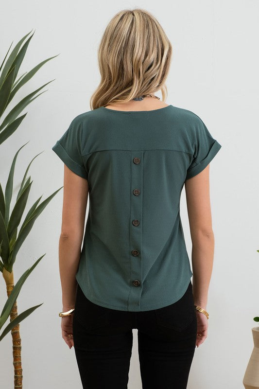 Polly Lace and Button Detail Short Sleeve Blouse- Hunter Green