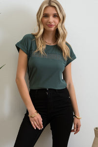 Polly Lace and Button Detail Short Sleeve Blouse- Hunter Green