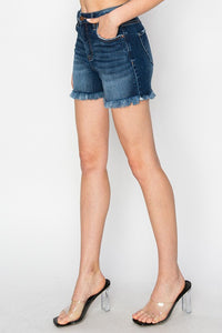 Risen Oaklee High Rise Frayed Hem Denim Shorts – Tummy Control Stretch Jean Shorts