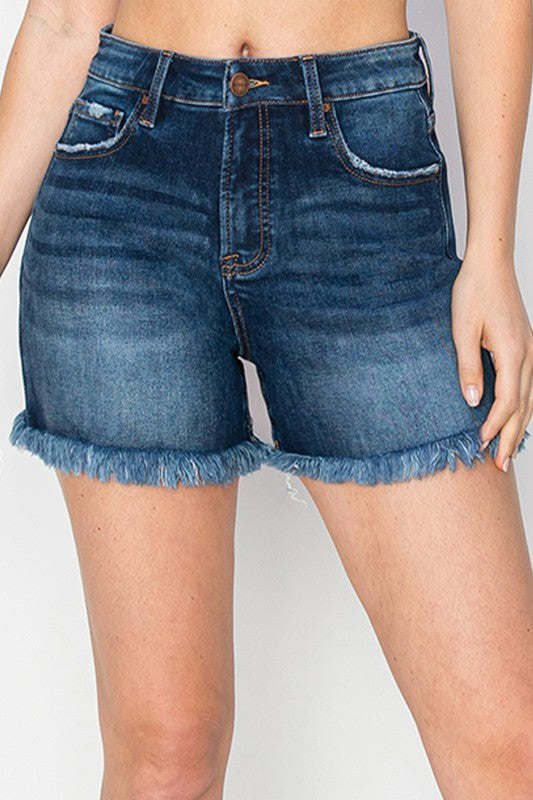 Risen Oaklee High Rise Frayed Hem Denim Shorts – Tummy Control Stretch Jean Shorts