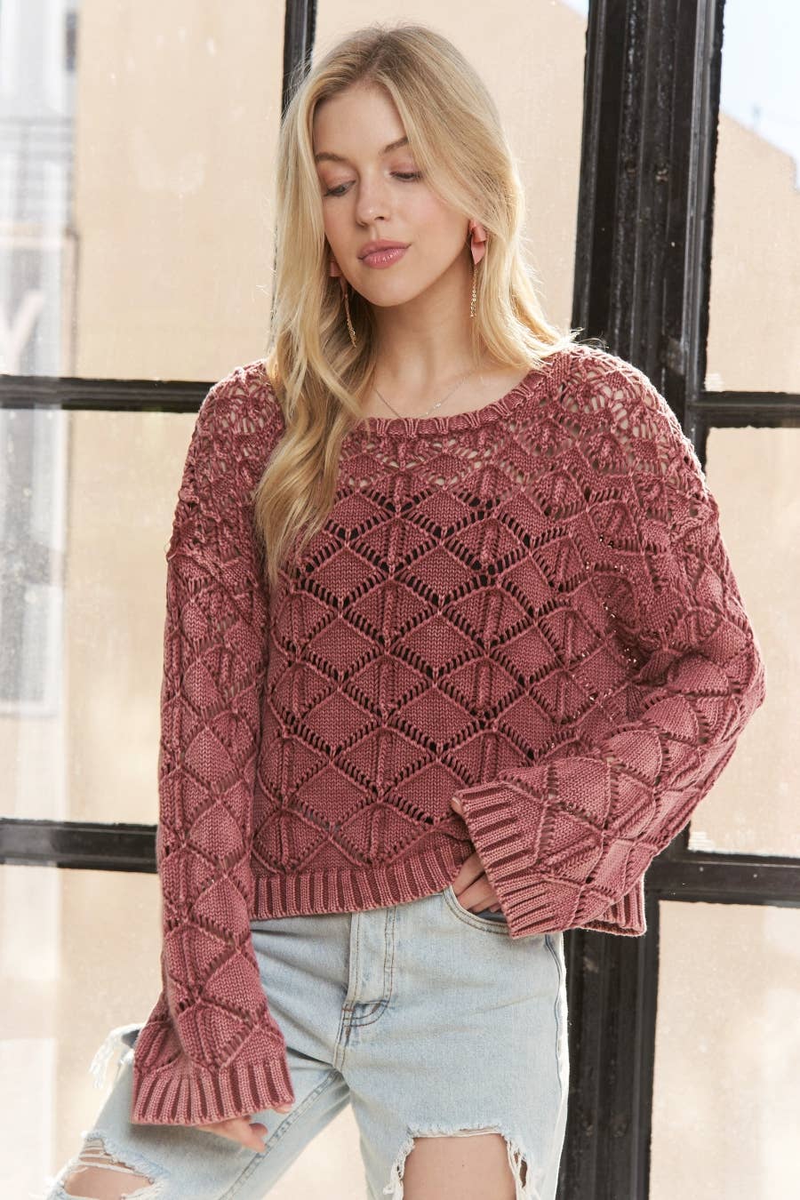 The Elsie Diamond Knit Sweater –Dusty Burgundy