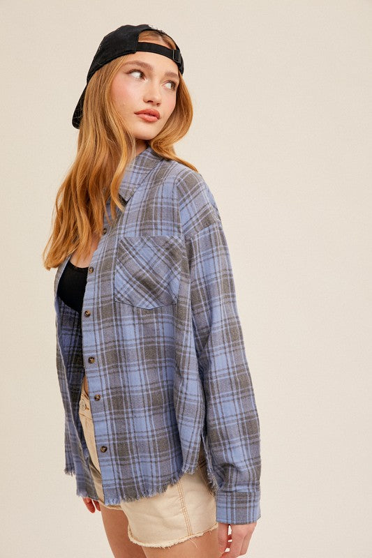 Jamie Button Down Frayed Hem Oversized Flannel Top