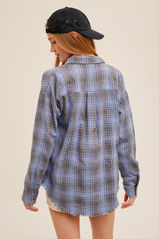 Jamie Button Down Frayed Hem Oversized Flannel Top