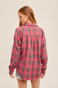 Jamie Button Down Frayed Hem Oversized Flannel Top