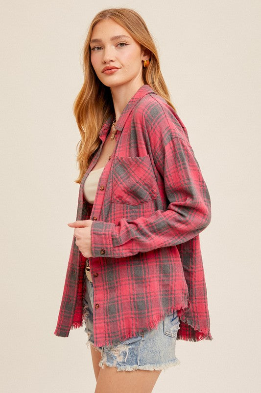 Jamie Button Down Frayed Hem Oversized Flannel Top