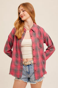 Jamie Button Down Frayed Hem Oversized Flannel Top