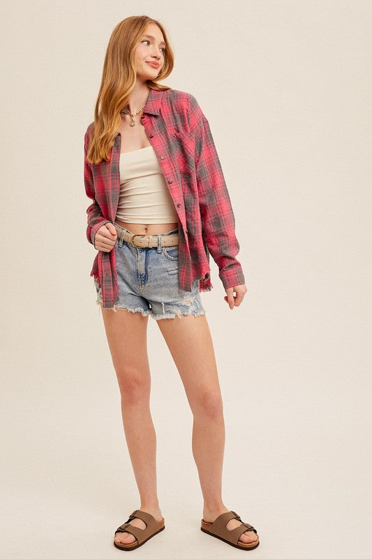 Jamie Button Down Frayed Hem Oversized Flannel Top