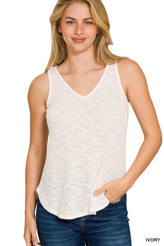 Jade Lightweight Textured V-Neck Sleeveless Tank – Vacation-Ready Everyday Basic