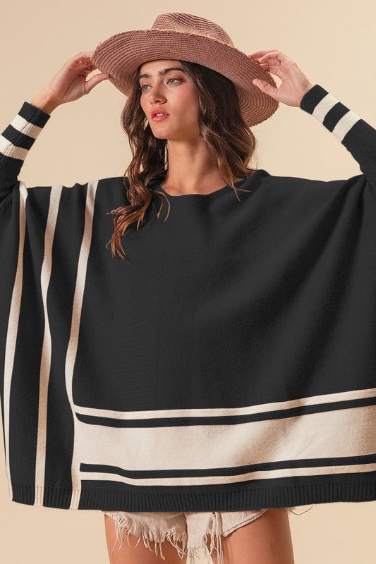 Mimi Long Sleeve Batwing Sweater: Black/Ivory