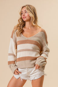 Kinsley Scoop Neck Cozy Sweater: Latte/ Taupe/ Ivory