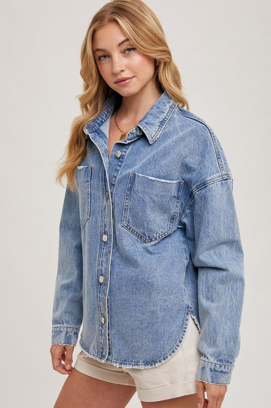 Nora Button Down Denim Shacket: Med Wash