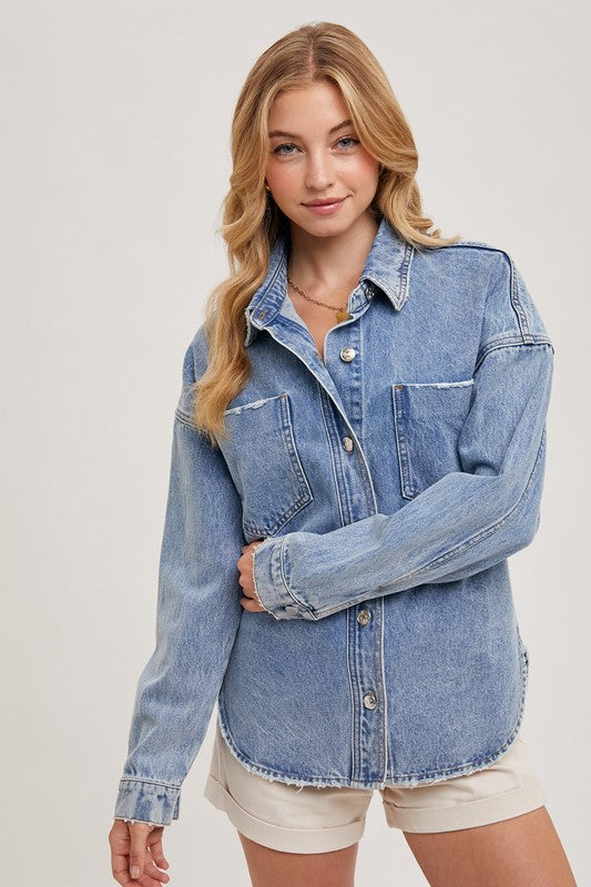 Nora Button Down Denim Shacket: Med Wash