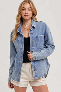 Nora Button Down Denim Shacket: Med Wash