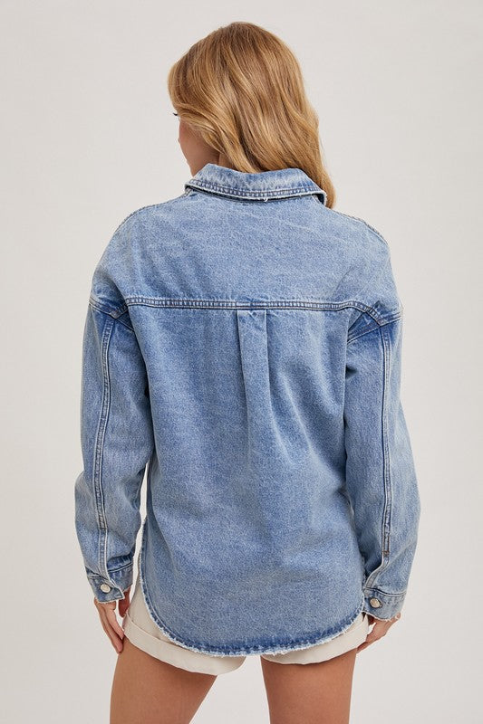 Nora Button Down Denim Shacket: Med Wash