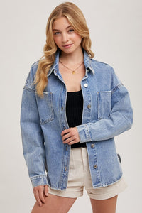 Nora Button Down Denim Shacket: Med Wash