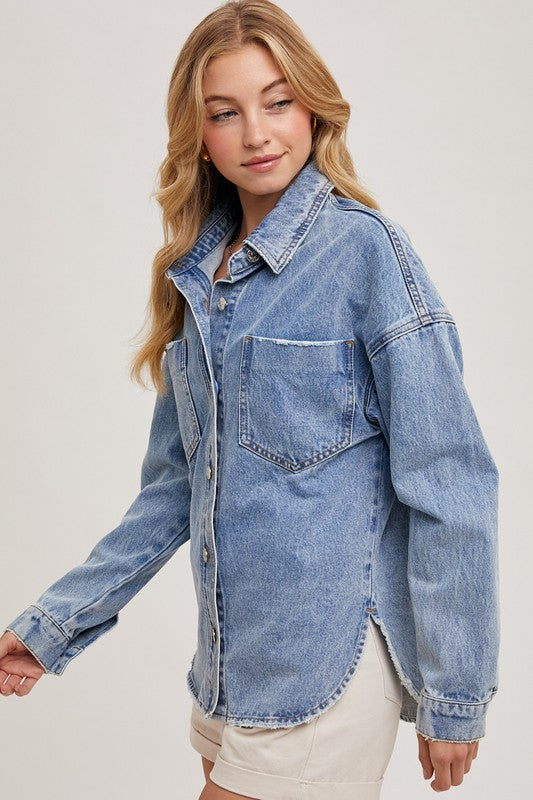 Nora Button Down Denim Shacket: Med Wash