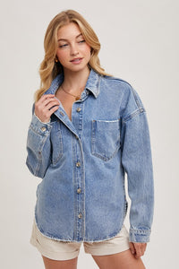 Nora Button Down Denim Shacket: Med Wash