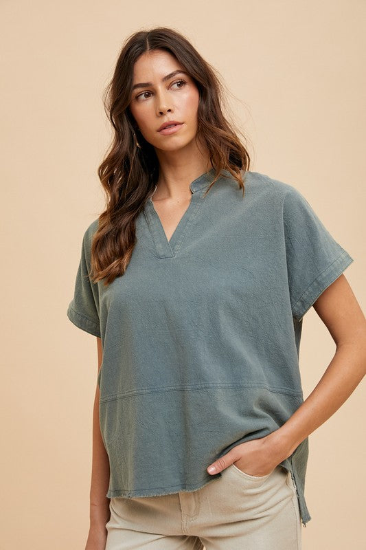 Casey Mineral Washed Relaxed Fit Short Sleeve Blouse: Pine