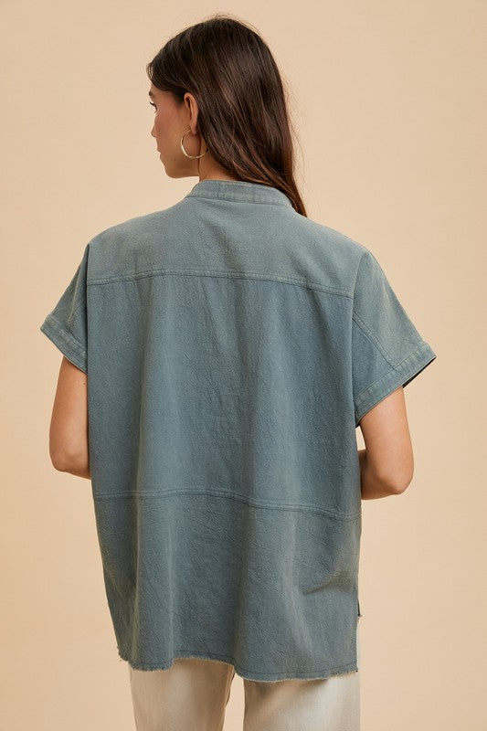 Casey Mineral Washed Relaxed Fit Short Sleeve Blouse: Pine