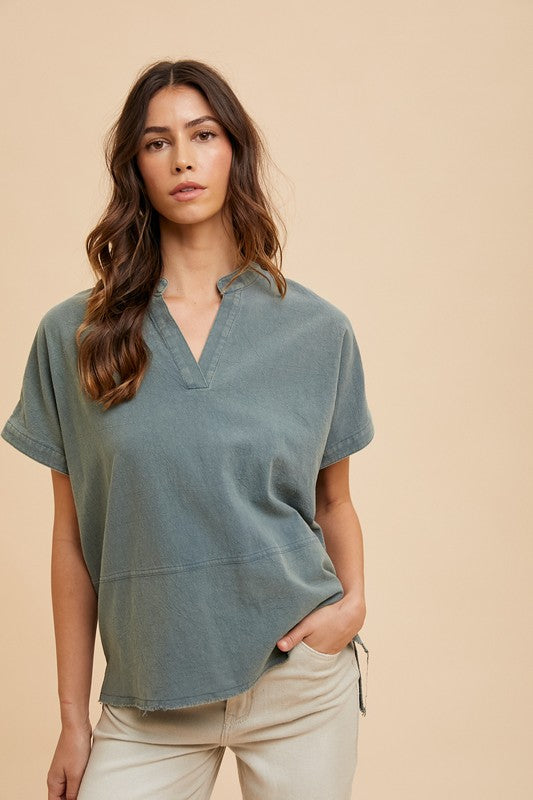 Casey Mineral Washed Relaxed Fit Short Sleeve Blouse: Pine