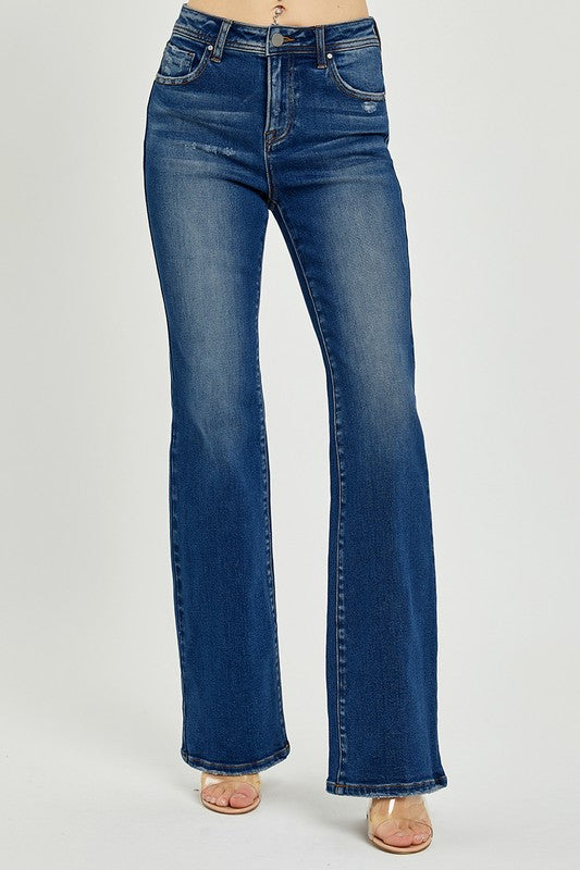 Risen High Rise Bootcut Jeans: Dark Wash