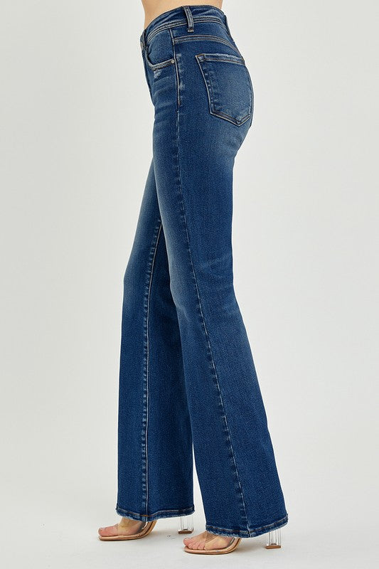 Risen High Rise Bootcut Jeans: Dark Wash