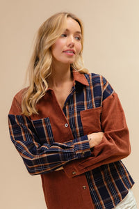 Leila Corduroy and Flannel Button Down Shacket: Rust/Navy