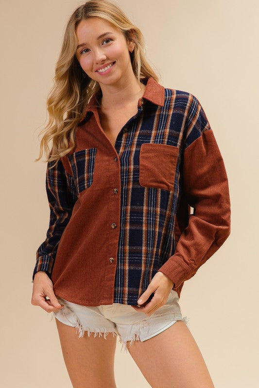 Leila Corduroy and Flannel Button Down Shacket: Rust/Navy