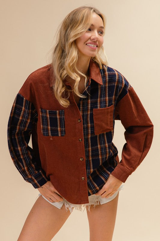 Leila Corduroy and Flannel Button Down Shacket: Rust/Navy